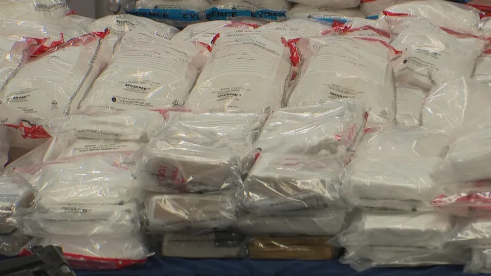 Bags of illicit drugs are on display as part of a police bust show to media on May 20, 2026.