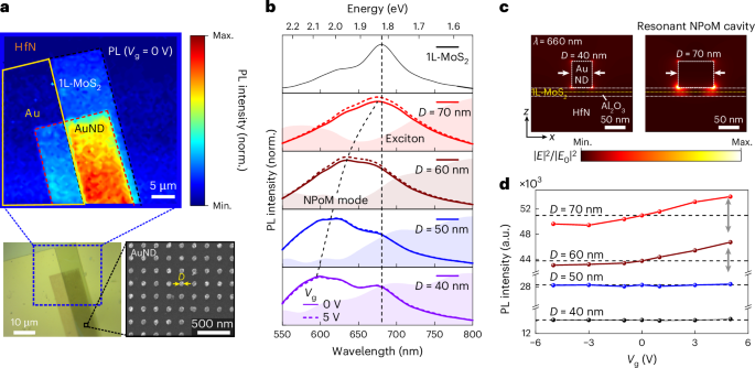 Fig. 4: Resonant plasmonic nanostructures enhance gate-tunable emission in monolayer MoS2.