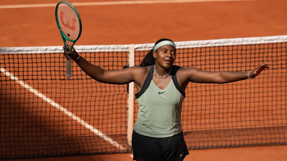 May 24, 2026; Paris, France; Hailey Baptiste of the United States celebrates winning her first round match against Barbora Krejcikova of the Czech Republic on day one at Stade Roland Garros. Mandatory Credit: Susan Mullane-Imagn Images© Susan Mullane-Imagn Images.