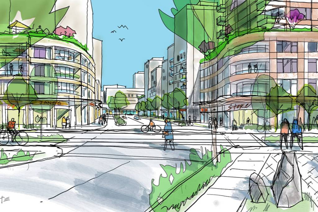 An artist&rsquo;s rendering shows what one section of the Clayton corridor may look like in the future. (Image via: City of Surrey)