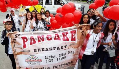 Volunteers with the Cloverdale Rodeo Youth Initiative Foundation advertise for their pancake breakfast, a fundraiser for the foundation. (Photo submitted)