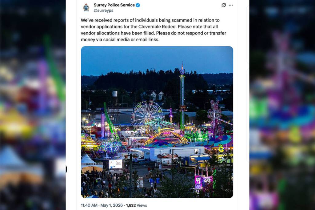 The Surrey Police Service sent out a warning on X.com May 1 about scams surrounding the Cloverdale Rodeo. (Screenshot via X.com)