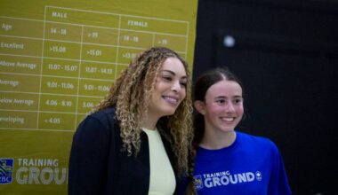 Olympian Sarah Nurse, left, poses with a participant of the RBC Training Ground in the Cloverdale Agriplex in Surrey on Saturday, May 2, 2026. (Anna Burns/ Surrey Now-Leader)