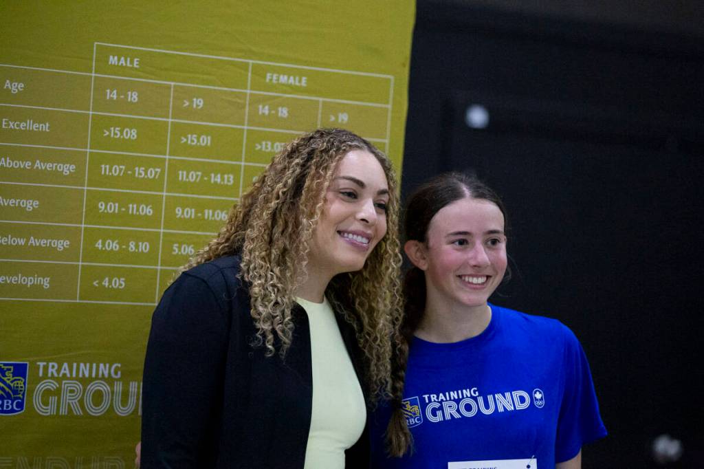 Olympian Sarah Nurse, left, poses with a participant of the RBC Training Ground in the Cloverdale Agriplex in Surrey on Saturday, May 2, 2026. (Anna Burns/ Surrey Now-Leader)