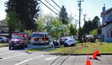 Police are investigating a two-car collision at the intersection of 118th Street and 75A Avenue on Saturday, May 2 that left the driver of one vehicle dead and sent several other people to hospital. (1st Due Media/contributed photo)