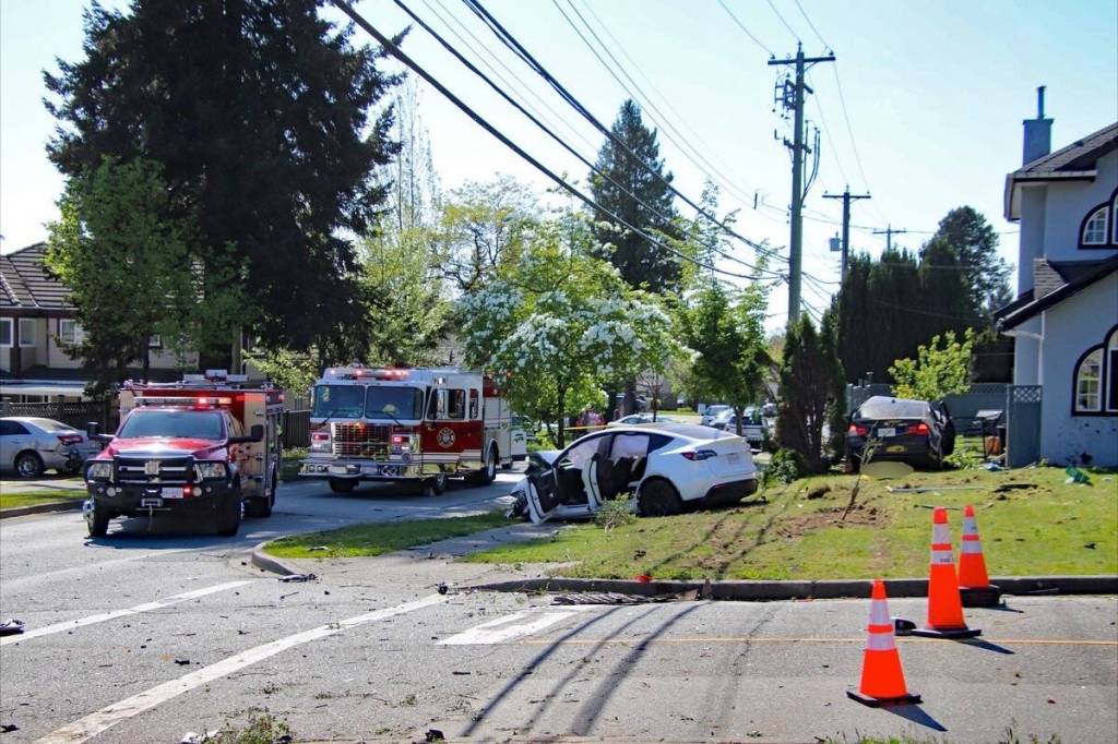 Police are investigating a two-car collision at the intersection of 118th Street and 75A Avenue on Saturday, May 2 that left the driver of one vehicle dead and sent several other people to hospital. (1st Due Media/contributed photo)