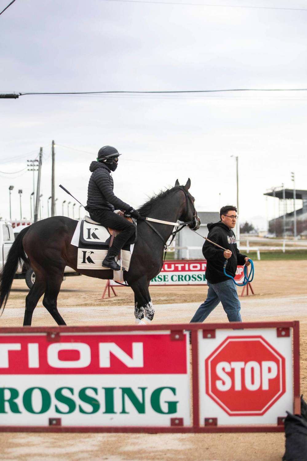 MIKAELA MACKENZIE / FREE PRESS
Keplin leads Prime Suspect, ridden by Antonio Whitehall, out for morning training.