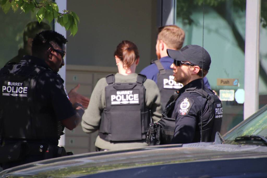 IHIT and Surrey police are on scene at an office complex at 76 Avenue and 130 Street after a man was shot dead in broad daylight on Monday, May 4. (1st Due Media/Contributed to Black Press Media)