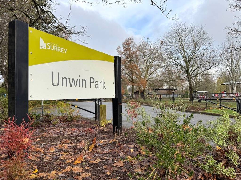 Entrance to Unwin Park in Newton on Nov. 19, 2025. (Tom Zillich/Surrey Now-Leader)