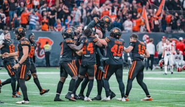 BC Lions players celebrate a playoff win at BC Place Stadium in Vancouver in November 2025. (Jaclyn McKee/BC Lions photo)