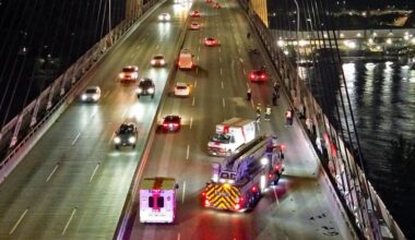 A crash between two motorcycles and a car on the Alex Fraser Bridge sent the two motorcycle riders to hospital with minor injuries Wednesday night (May 6). (1st Due Media photo/Contributed to Peace Arch News)