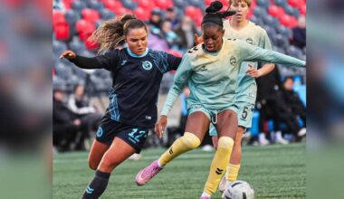 Keera Melenhorst (12) attempts to get the ball from Latifah Abdu (99) during the May 6 Vancouver Rise FC vs Ottawa Rapid FC match in Ottawa. (@NorthernSuperLg/ X)