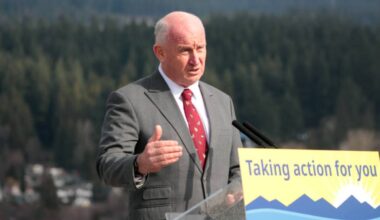 Mike Farnworth, now house leader, speaks in Port Moody March 6, 2024. (Lauren Collins/Black Press Media)