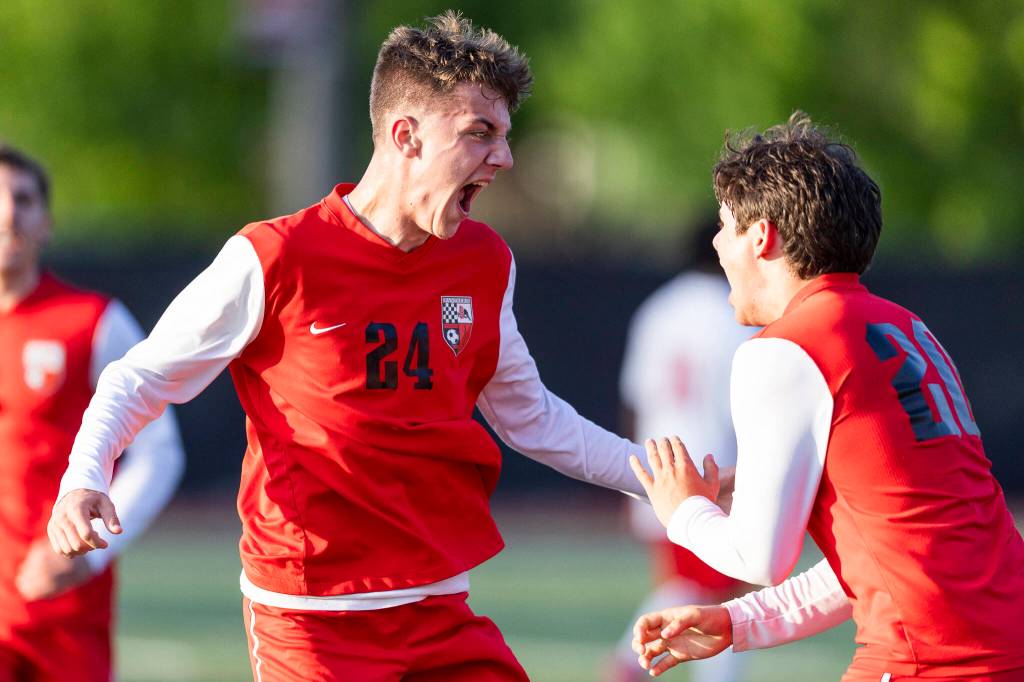 Snohomishs Morgan Hereth reacts after scoring during the first half of the loser-out 3A district playoff game against Mountlake Terrace on Thursday, May 7, 2026 in Snohomish, Washington. (Olivia Vanni / The Herald)