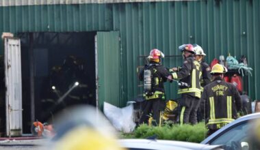 Surrey firefighters made quick work of a Styrofoam container that caught fire in a barn structure serving as a shipping warehouse Thursday night (May 7) in Cloverdale. (Curtis Kreklau photo/Contributed to Peace Arch News)
