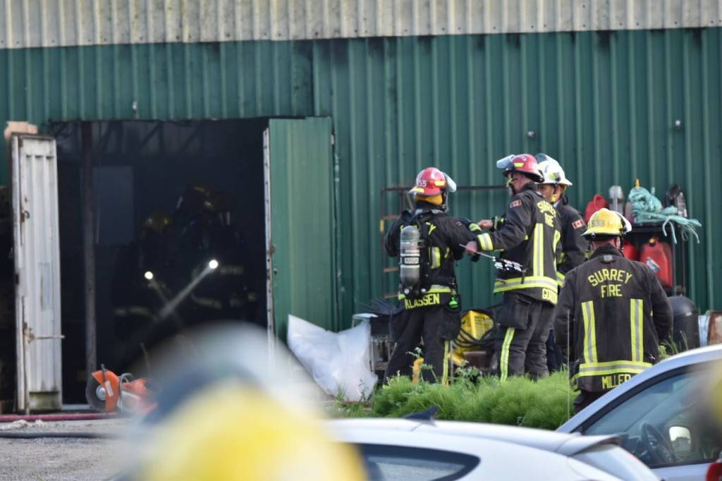 Surrey firefighters made quick work of a Styrofoam container that caught fire in a barn structure serving as a shipping warehouse Thursday night (May 7) in Cloverdale. (Curtis Kreklau photo/Contributed to Peace Arch News)