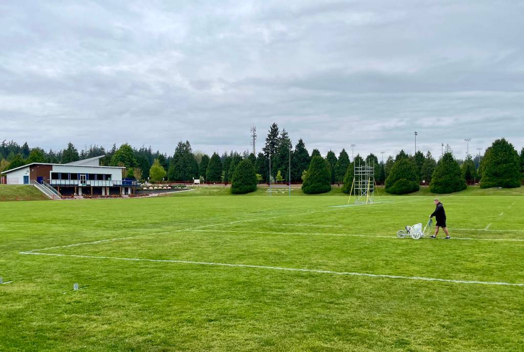 Preparation was underway on Friday (May 8) for the BC Rugby senior club finals, which happen all day Saturday, May 9 at South Surrey Athletic Park. (Tricia Leslie photo/Peace Arch News)