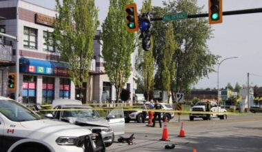 A motorcycle was found suspended on a traffic light after May 9 collision in Delta (1st Due Media/Contributed to Peace Arch News)