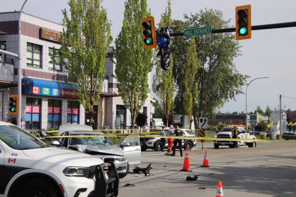 A motorcycle was found suspended on a traffic light after May 9 collision in Delta (1st Due Media/Contributed to Peace Arch News)