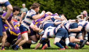 Kelowna Crows (white and blue stripes) in Men&rsquo;s Division 2 action vs. Kamloops Raiders RFC during BC Rugby&rsquo;s senior club finals at South Surrey Athletic Park on Saturday (May 9). Kelowna won 21-15 over the defending champs. (Anna Burns/Surrey Now-Leader)