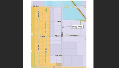 Council has approved an industrial designation review in Newton for the area bound by 128 Street to the east, residential lots on the west, 80 Avenue to the north and 76 Avenue to the south. (Map surrey.ca)