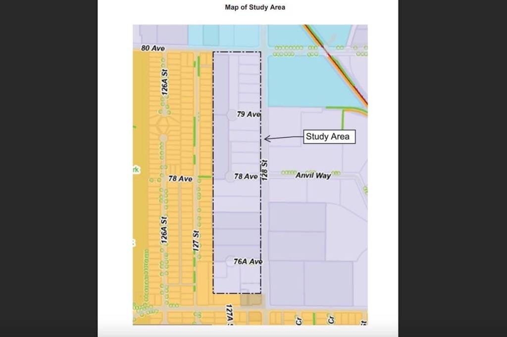 Council has approved an industrial designation review in Newton for the area bound by 128 Street to the east, residential lots on the west, 80 Avenue to the north and 76 Avenue to the south. (Map surrey.ca)