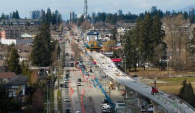The Fleetwood Flyer builds the elevated guideway through the Fleetwood community, moving west on March 5, 2026. (B.C. Ministry of Transportation)