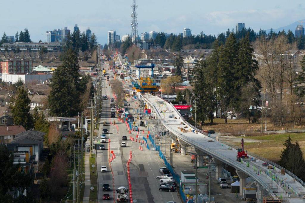 The Fleetwood Flyer builds the elevated guideway through the Fleetwood community, moving west on March 5, 2026. (B.C. Ministry of Transportation)
