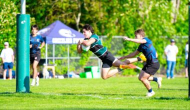 Caine Maggio, 8-man for the Lord Tweedsmuir senior boys rugby team, flies across the tryline for one of his four tries on the day in a game against GW Graham May 1. Tweedy won the match 61-7. (Brooklynne Stephens photo/ submitted to the Cloverdale Reporter)