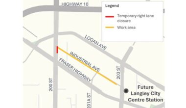 Pile driving for the Surrey-Langley SkyTrain line will take place along Industrial Avenue starting in mid-May and running into early 2027. (Surrey-Langley SkyTrain)