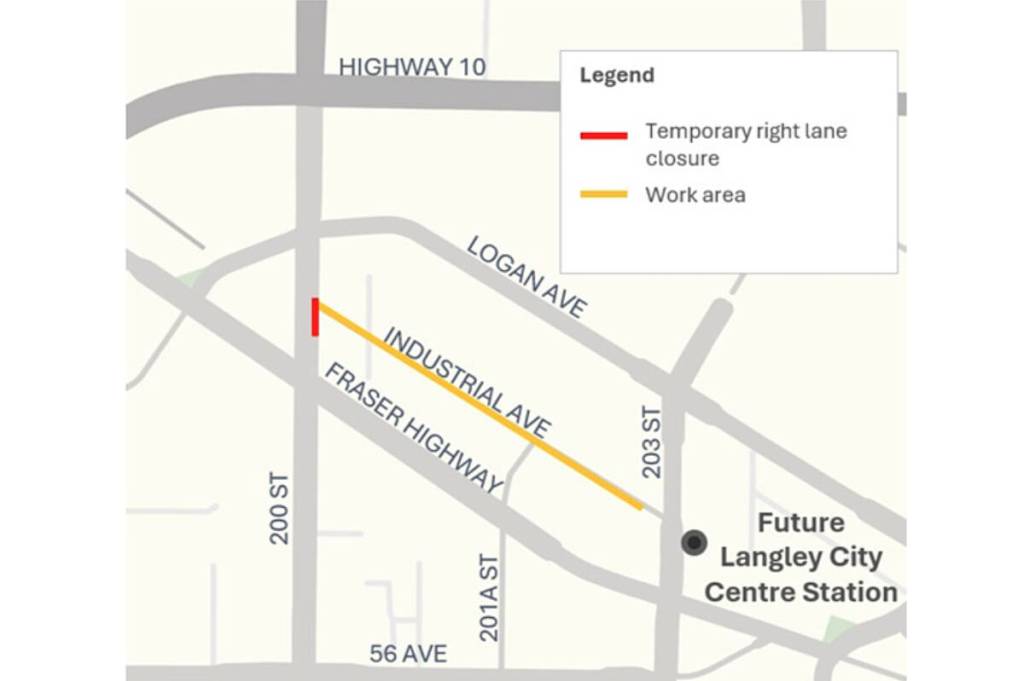 Pile driving for the Surrey-Langley SkyTrain line will take place along Industrial Avenue starting in mid-May and running into early 2027. (Surrey-Langley SkyTrain)