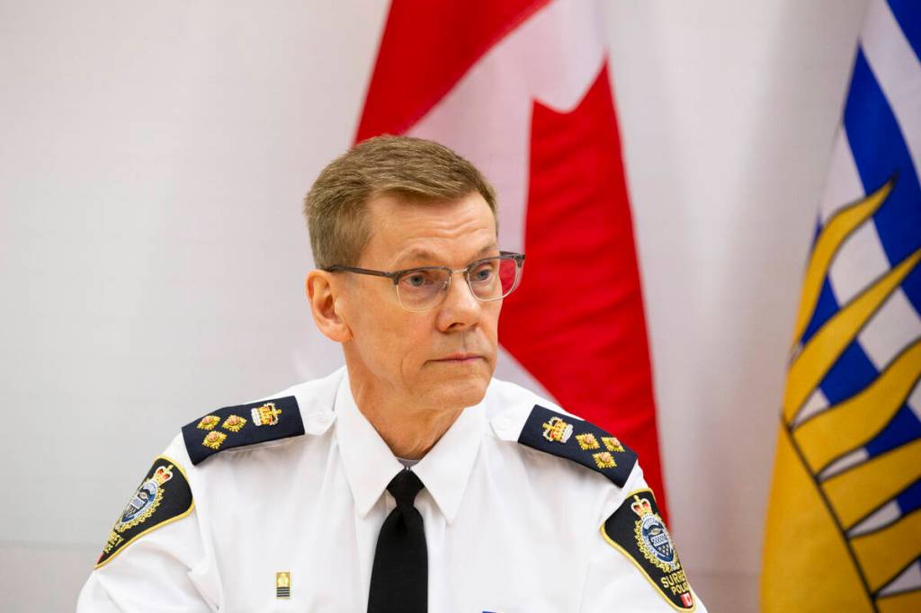 Chief Constable Norm Lipinski, during a meeting with Prime Minister Mark Carney and other senior law enforcement leaders of the B.C. extortion task force in Surrey on Thursday, Feb. 19, 2026. (Anna Burns/ Surrey Now-Leader)
