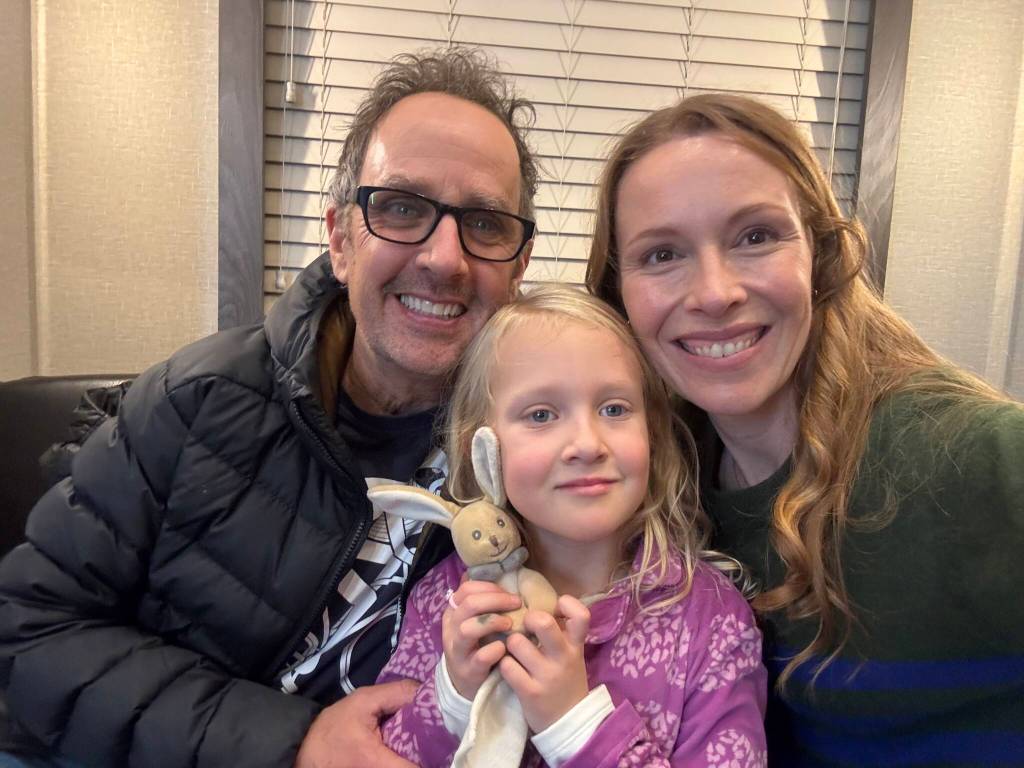 Proud dad Robert Moloney and mom Julie Lynn Mortensen, and newest member of the South Surrey acting family, six year-old Lilly Moloney, on the set of the CBS series Tracker. (Contributed to Peace Arch News)
