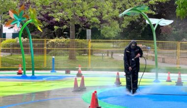 Pressure-washing at the new spray park at Bear Creek Park in Surrey on Wednesday, May 13, 2026. (Tom Zillich/Surrey Now-Leader)
