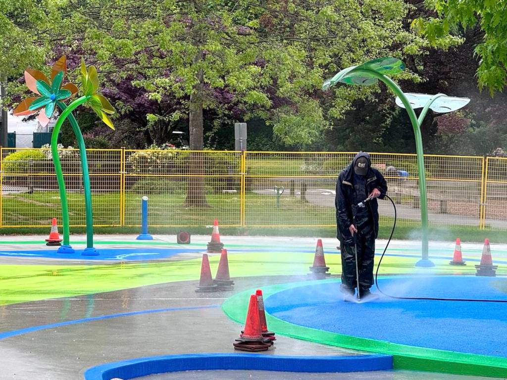 Pressure-washing at the new spray park at Bear Creek Park in Surrey on Wednesday, May 13, 2026. (Tom Zillich/Surrey Now-Leader)
