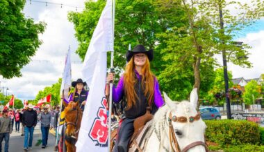 Cowgirls ride through Cloverdale as part of the 2026 Cloverdale Rodeo Parade. (Photo: Jason Sveinson/Cloverdale Reporter)