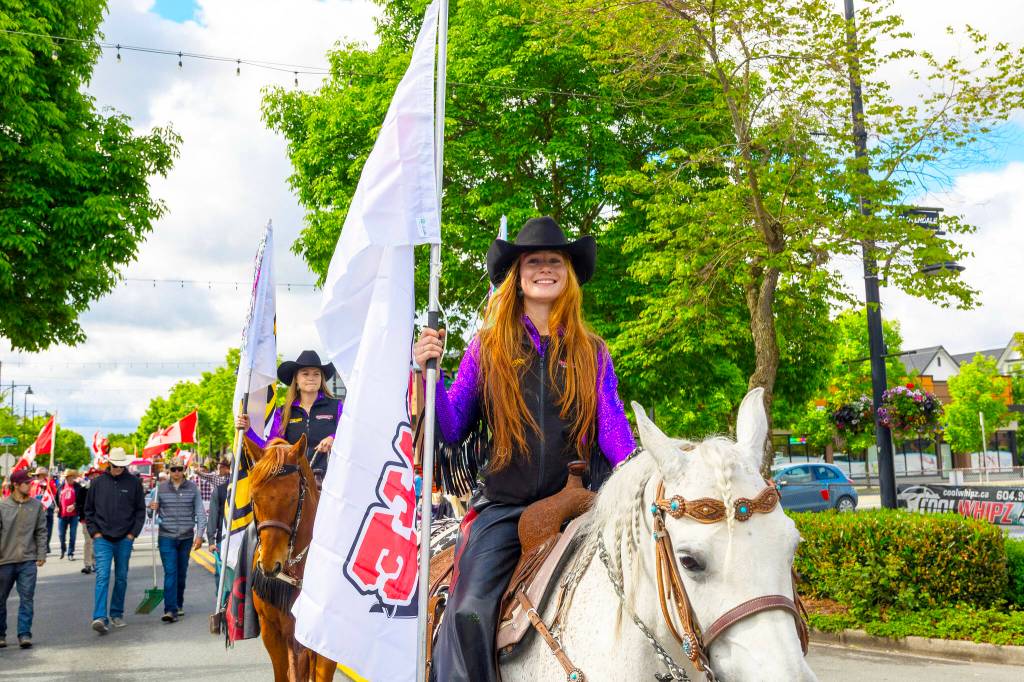 Cowgirls ride through Cloverdale as part of the 2026 Cloverdale Rodeo Parade. (Photo: Jason Sveinson/Cloverdale Reporter)