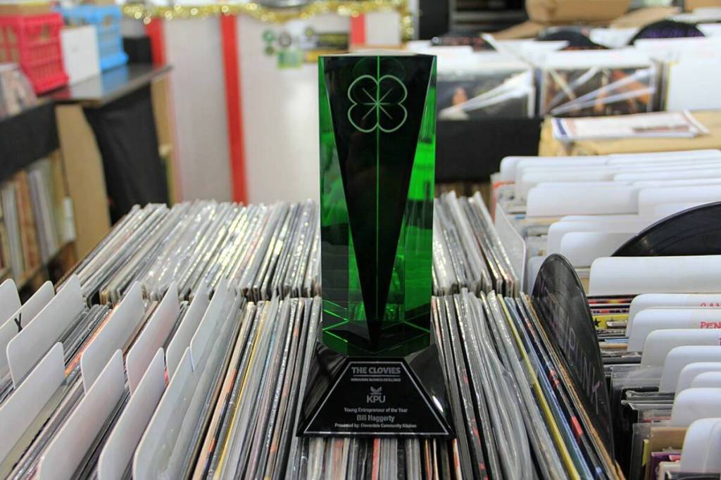 Bill Haggerty&rsquo;s Clovie award for Young Entrepreneur of the Year is seen at his store Elevated Music in Cloverdale. Nominations for the 2026 Clovies have now opened. (Photo: Malin Jordan/Cloverdale Reporter)