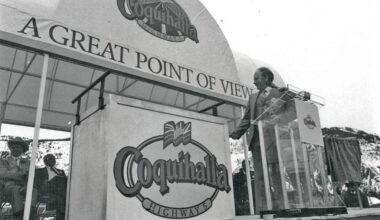 Premier Bill Bennett speaks to the crowds and other dignitaries as a celebration of the opening of the Coquihalla Highway, May 16, 1986. (Hope Standard file)
