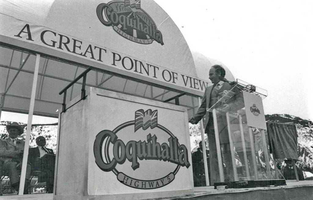 Premier Bill Bennett speaks to the crowds and other dignitaries as a celebration of the opening of the Coquihalla Highway, May 16, 1986. (Hope Standard file)