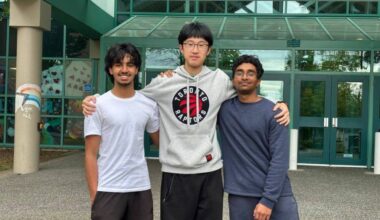 From left, Aarin Saini, Miles Wang and Anul Liyanage are a part of a student-led non-profit created to fundraise for cardiac cath labs in Surrey. (Grace McLeod/Peace Arch News)