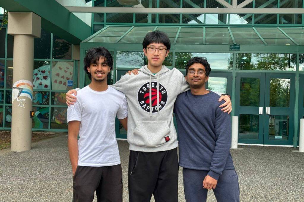 From left, Aarin Saini, Miles Wang and Anul Liyanage are a part of a student-led non-profit created to fundraise for cardiac cath labs in Surrey. (Grace McLeod/Peace Arch News)