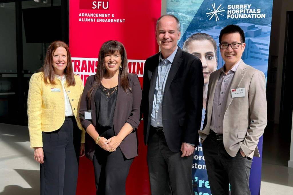 Panel speakers, Erin Morantz - Vice-President, Advancement and Alumni Engagement, Simon Fraser University, left, Nicole Robson - President & CEO, Surrey Hospitals Foundation, Dugan O&rsquo;Neil - Vice-President, Research and Innovation, Simon Fraser University, Dr. Jason Chan – Neurologist, Fraser Health Movement Disorders Program