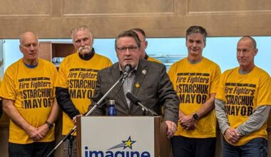 Mayoral candidate Mike Starchuk is seen at the launch of his Imagine Surrey slate Dec. 8, 2025. Starchuk says, if elected, he&rsquo;ll protect Surrey&rsquo;s farmland and restore the Cloverdale Fairgrounds. (Photo submitted to the Cloverdale Reporter)