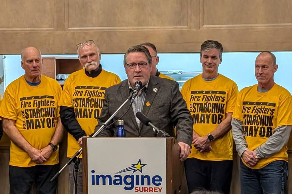 Mayoral candidate Mike Starchuk is seen at the launch of his Imagine Surrey slate Dec. 8, 2025. Starchuk says, if elected, he&rsquo;ll protect Surrey&rsquo;s farmland and restore the Cloverdale Fairgrounds. (Photo submitted to the Cloverdale Reporter)