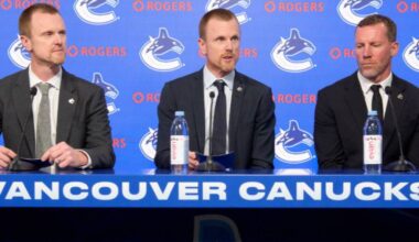 The Vancouver Canucks new management team of Daniel and Henrik Sedin and Ryan Johnson are introduced at a press conference Thursday at Rogers Arena. (Vancouver Canucks)
