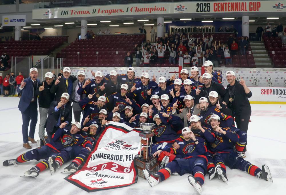 The Niverville Nighthawks celebrate winning the Centennial Cup in Summerside, P.E.I. May 17. (Cassidy Dankochik / The Carillon)