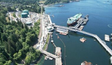 A tanker tied up at Westridge Marine Terminal&rsquo;s Berth 1 in the Port of Vancouver. The terminal ships oil from the TMX pipeline. (Trans Mountain)