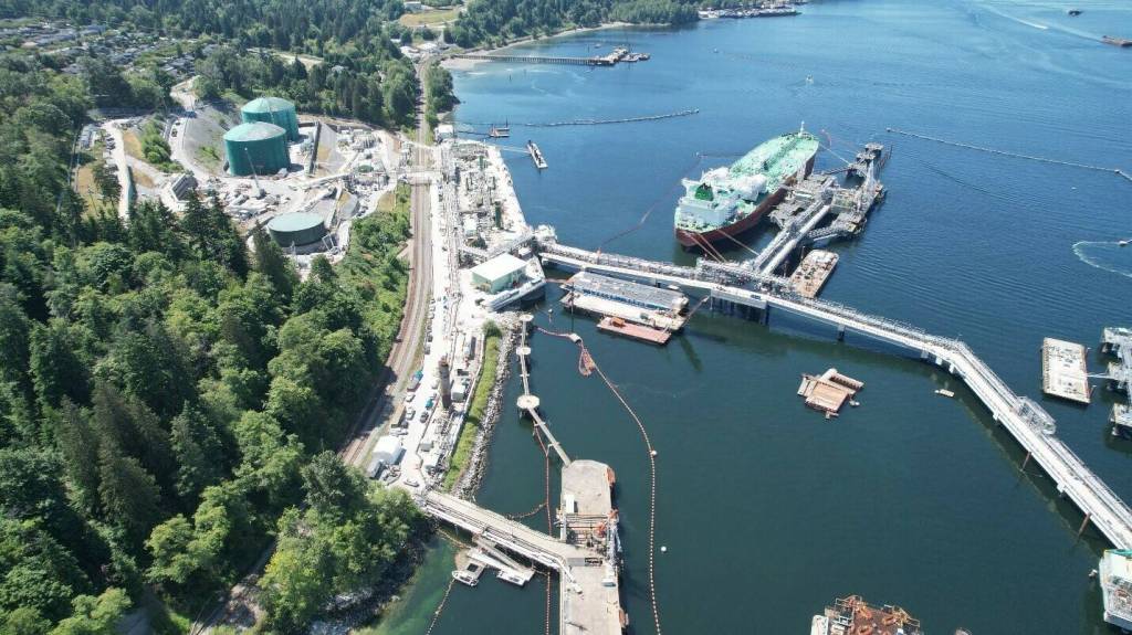 A tanker tied up at Westridge Marine Terminal&rsquo;s Berth 1 in the Port of Vancouver. The terminal ships oil from the TMX pipeline. (Trans Mountain)