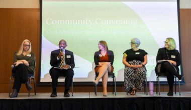 A panel made up of Jennifer McKay, left to right, Wally Webster, Lauren Davis, Angela Alfieri and Maria Coghill on Thursday, May 28, 2026 in Lynnwood, Washington. (Olivia Vanni / The Herald)